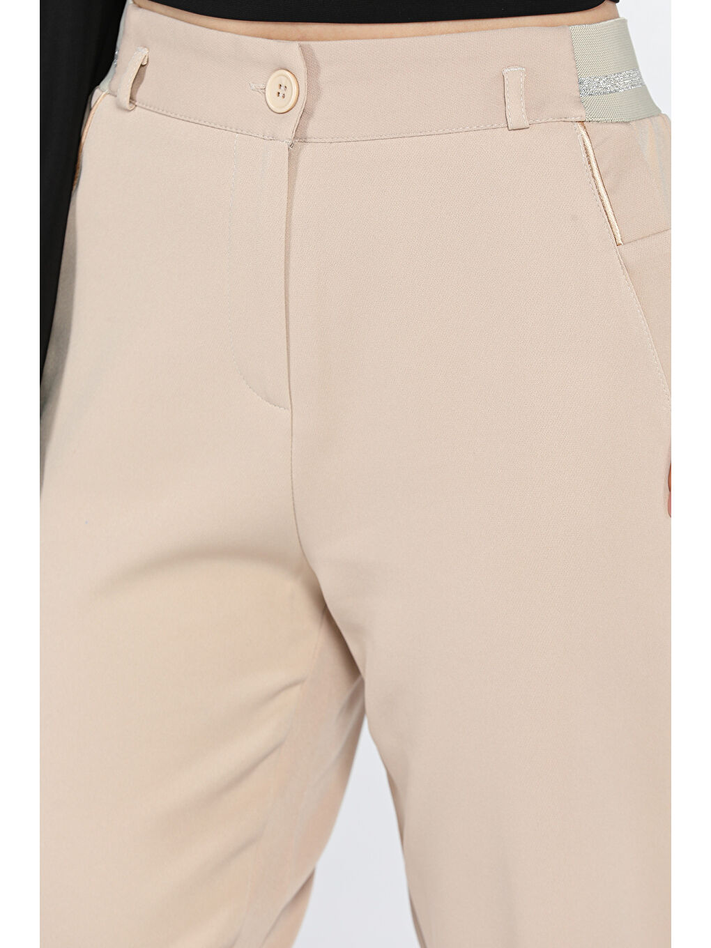 Bej Büyük Beden Bel Lastikli Kadın Kumaş Pantolon-3