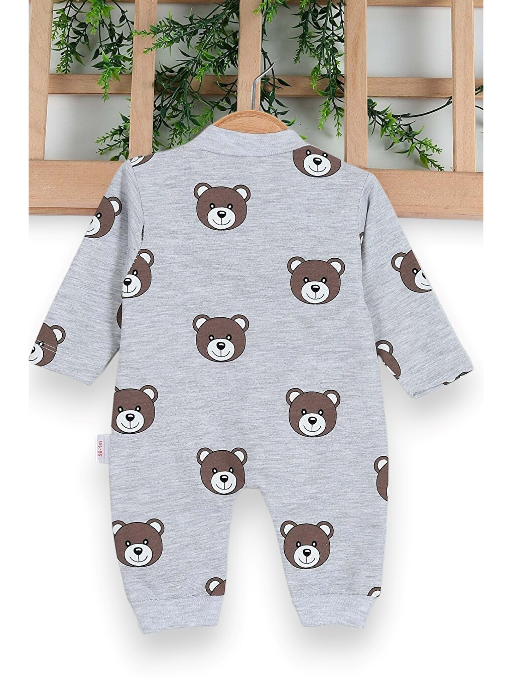 Gri Unisex Ayıcık Baskılı Manşetli Mevsimlik Tulum ince-1