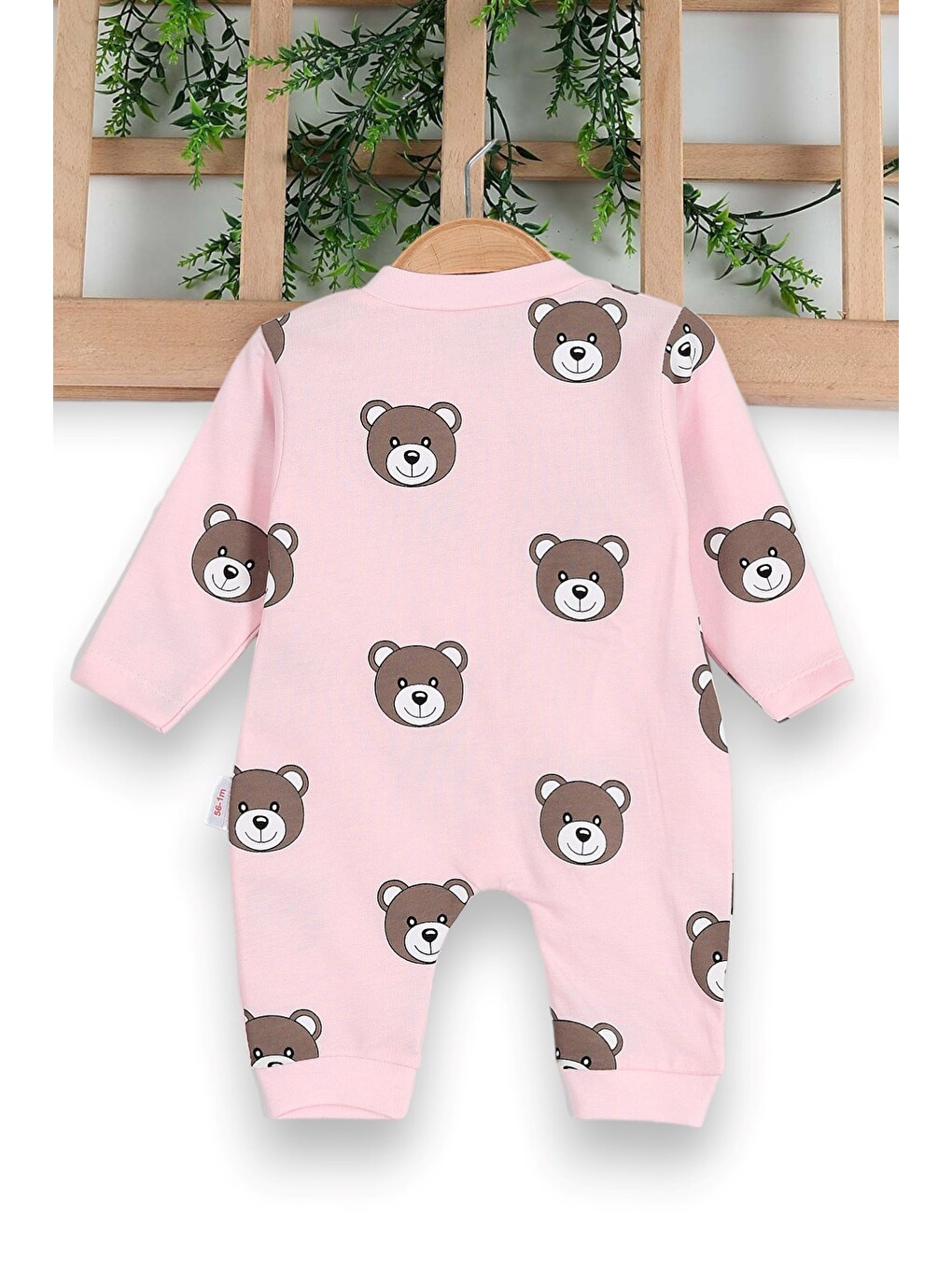 Pembe Unisex Ayıcık Baskılı Manşetli Mevsimlik Tulum ince-1