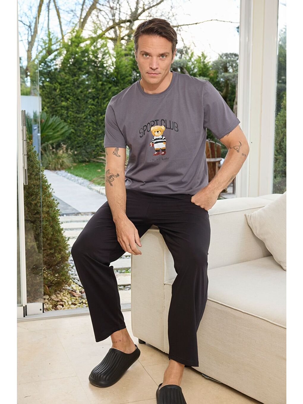 Gri PREMIUM Erkek %100 Doğal Pamuk Yüksek Kaliteli Baskılı Kısa Kollu Cepli Pijama Takımı