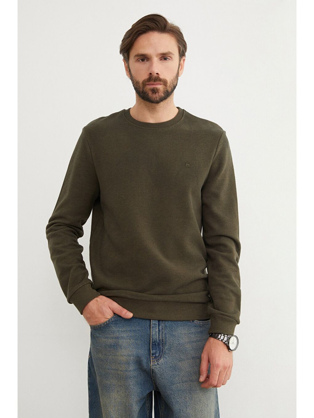 Haki M Harf Nakışlı Fitilli Bisiklet Yaka Büyük Beden Sweatshirt