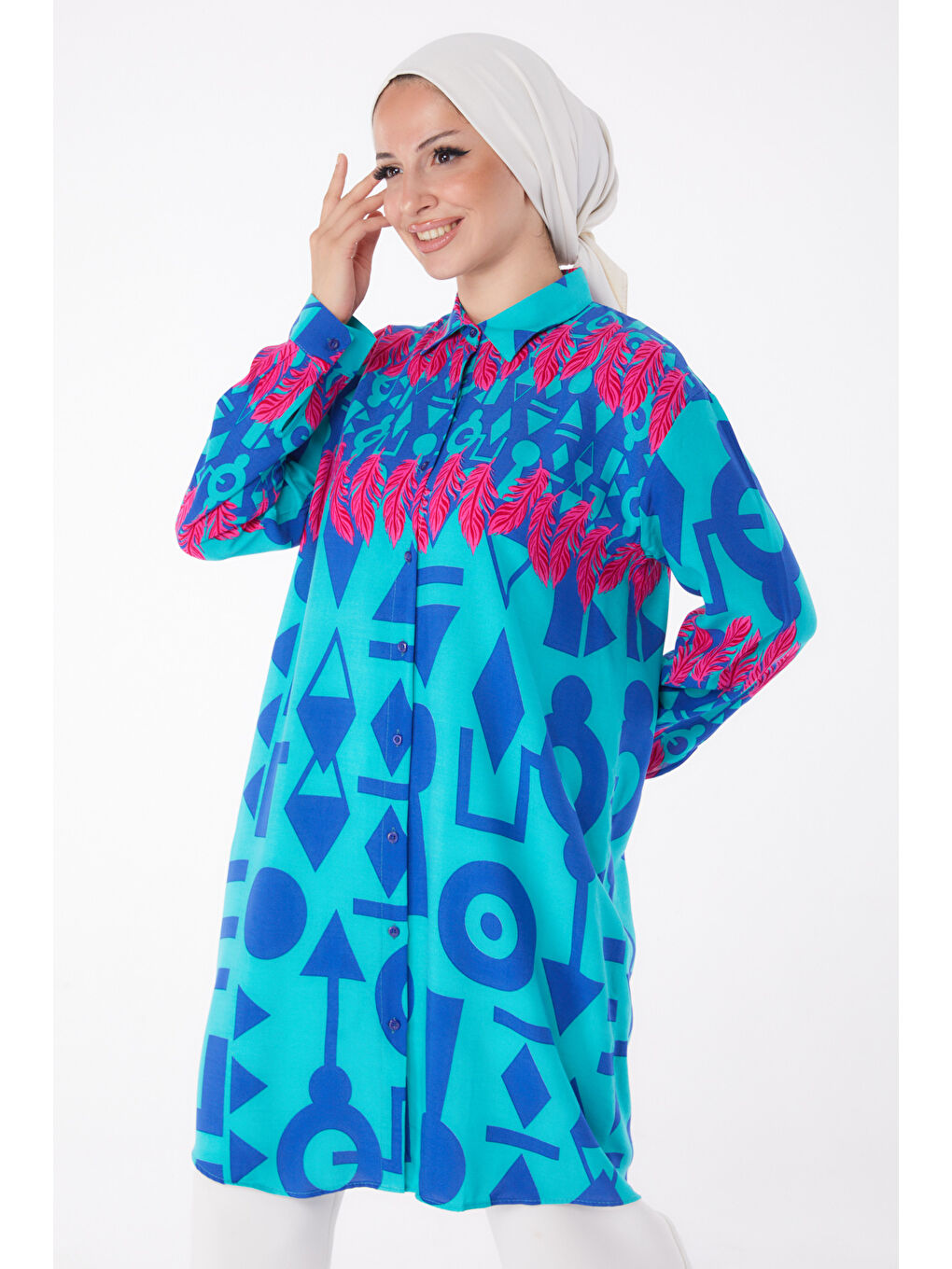 Gömlek Yaka Kadın Yeşil Desenli Tunik - 26003-2