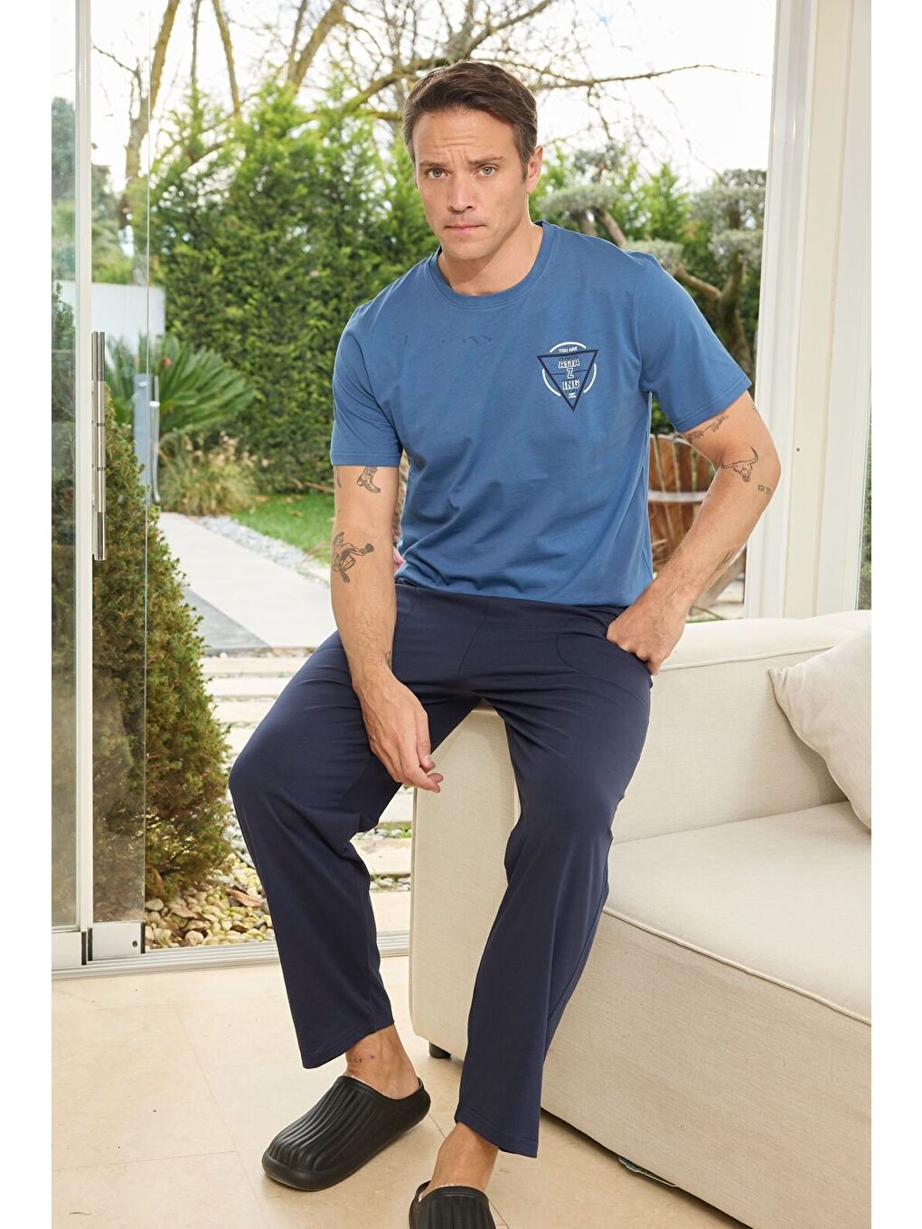 Mavi PREMIUM Erkek %100 Doğal Pamuk Yüksek Kaliteli Baskılı Kısa Kollu Cepli Pijama Takımı