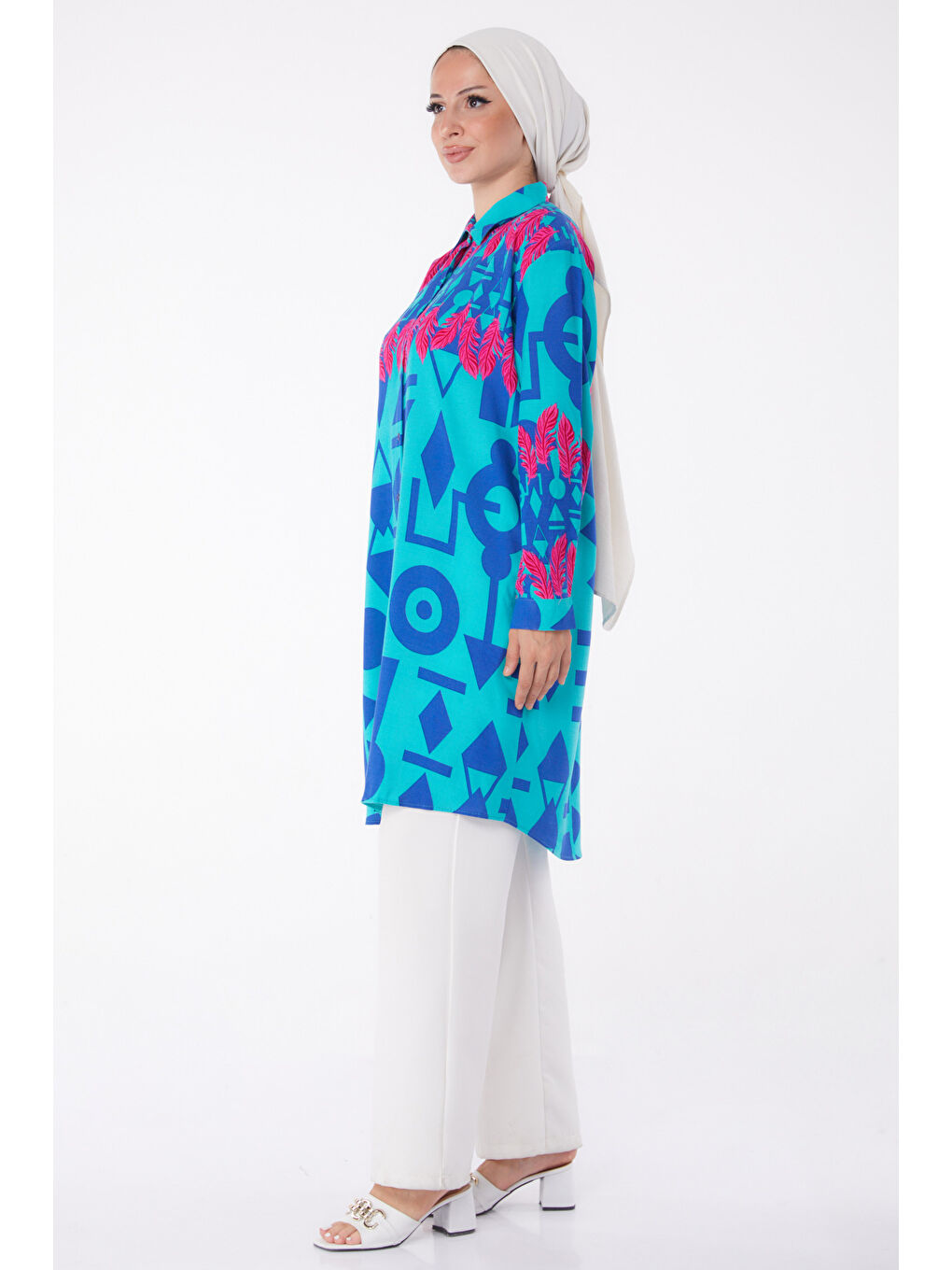 Gömlek Yaka Kadın Yeşil Desenli Tunik - 26003-3