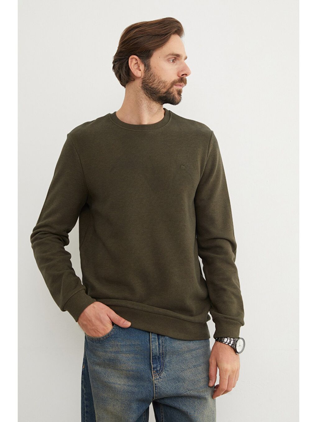 Haki M Harf Nakışlı Fitilli Bisiklet Yaka Büyük Beden Sweatshirt-3