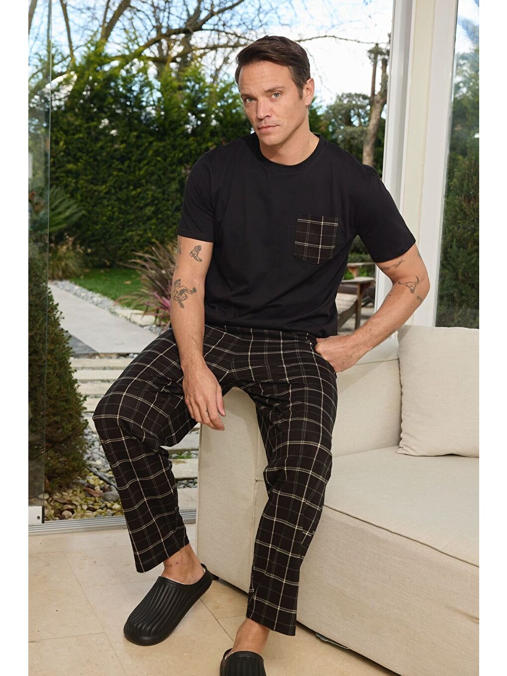Siyah PREMIUM Erkek %100 Doğal Pamuk Ekose Desenli Yüksek Kaliteli Baskılı Kısa Kollu Cepli Pijama Takımı