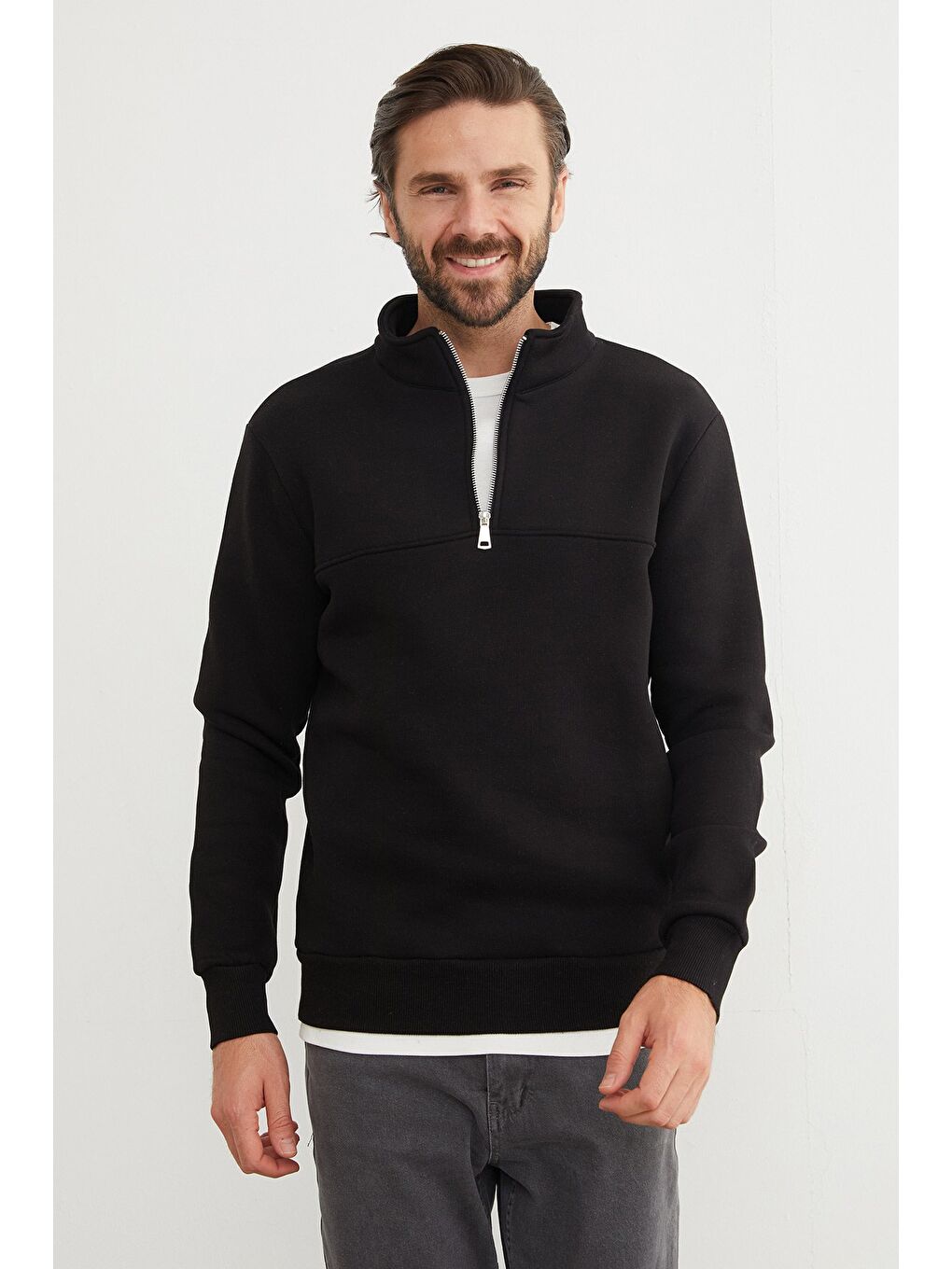 Siyah 3 İplik Basic Dik Yaka Yarım Fermuarlı Sweatshirt