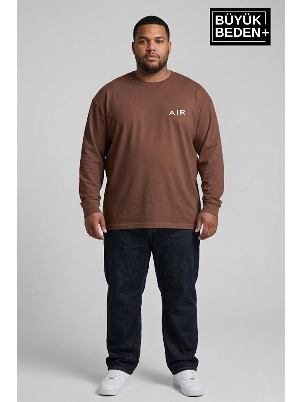 Kahverengi Erkek Büyük Beden Air Baskılı 2 İplik Bisiklet Yaka Tişört SPR26BTS942-1