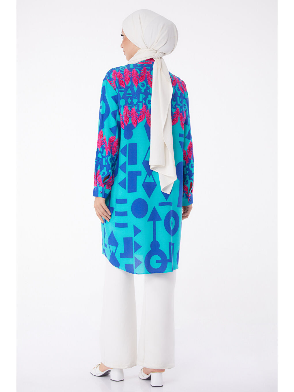 Gömlek Yaka Kadın Yeşil Desenli Tunik - 26003-4