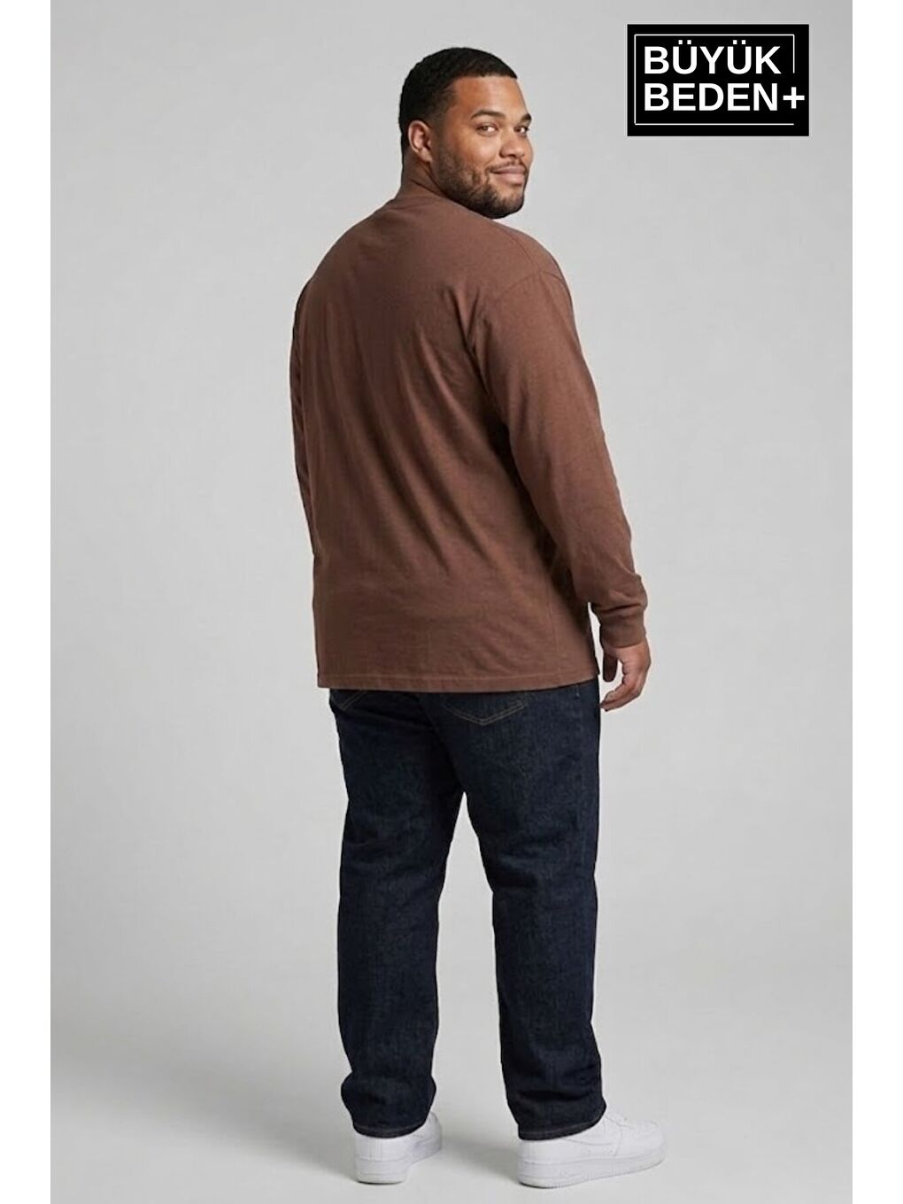 Kahverengi Erkek Büyük Beden Air Baskılı 2 İplik Bisiklet Yaka Tişört SPR26BTS942-1-1