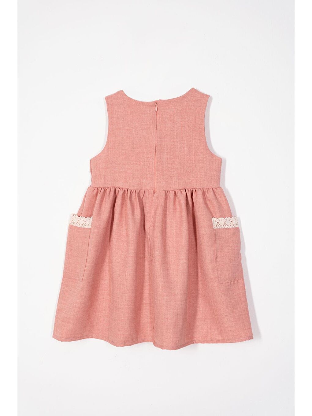 Pembe Bisiklet Yaka Dantel Detaylı Şapka Aksesuarlı Pudra Renk Kız Çocuk Elbise-1