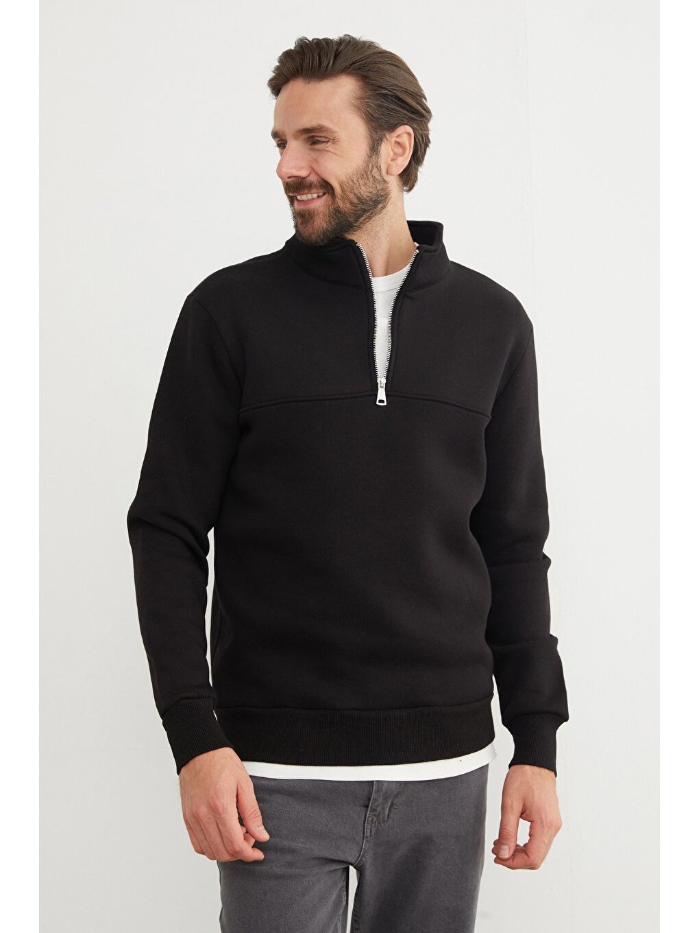 Siyah 3 İplik Basic Dik Yaka Yarım Fermuarlı Sweatshirt-2
