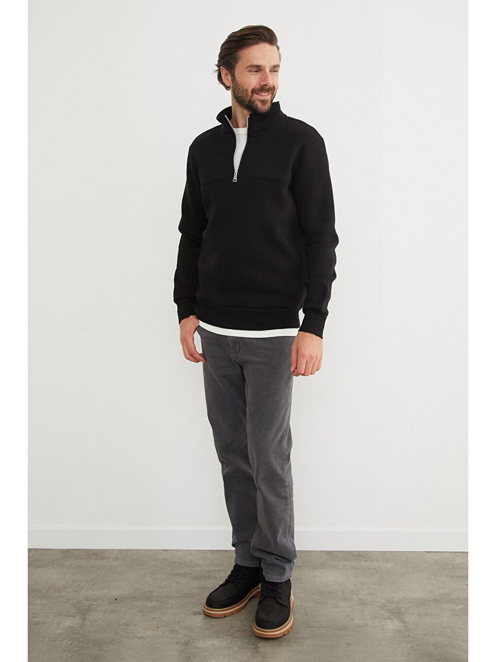 Siyah 3 İplik Basic Dik Yaka Yarım Fermuarlı Sweatshirt-3