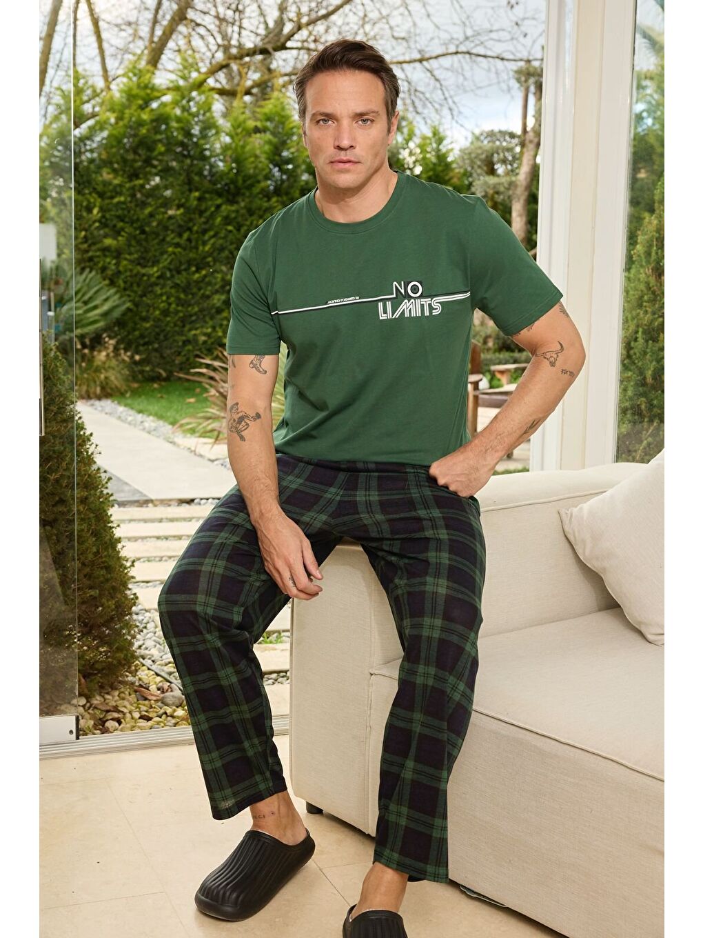 Haki PREMIUM Erkek %100 Doğal Pamuk Ekose Desenli Yüksek Kaliteli Baskılı Kısa Kollu Cepli Pijama Takımı