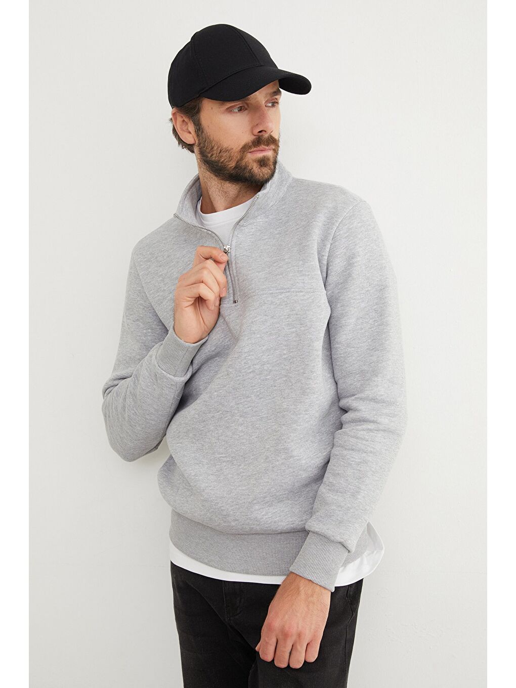 Gri 3 İplik Basic Dik Yaka Yarım Fermuarlı Sweatshirt