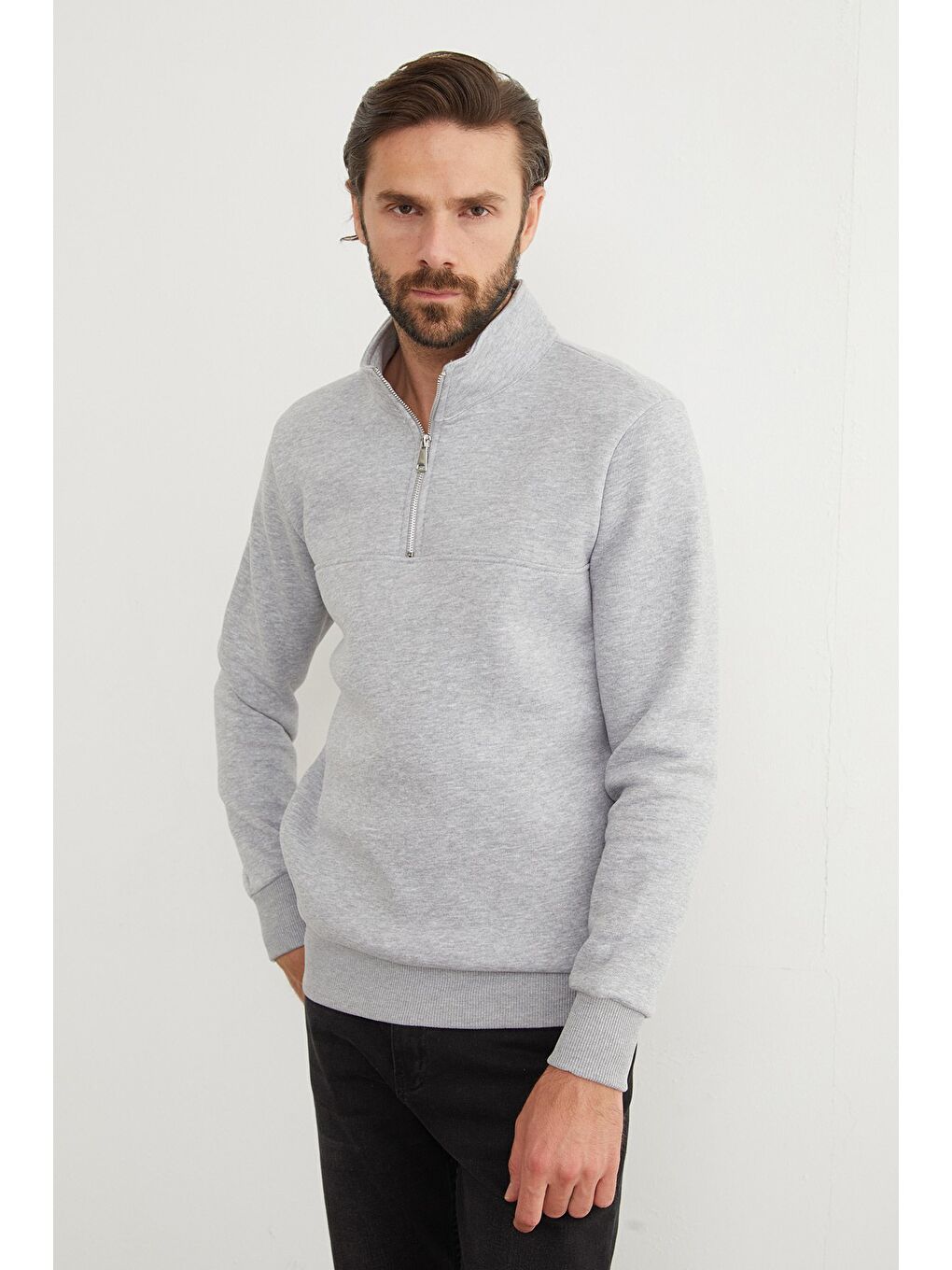 Gri 3 İplik Basic Dik Yaka Yarım Fermuarlı Sweatshirt-1