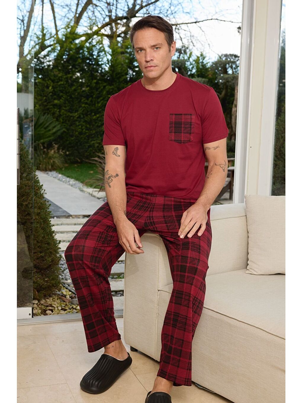 Bordo PREMIUM Erkek %100 Doğal Pamuk Ekose Desenli Yüksek Kaliteli Baskılı Kısa Kollu Cepli Pijama Takımı-1