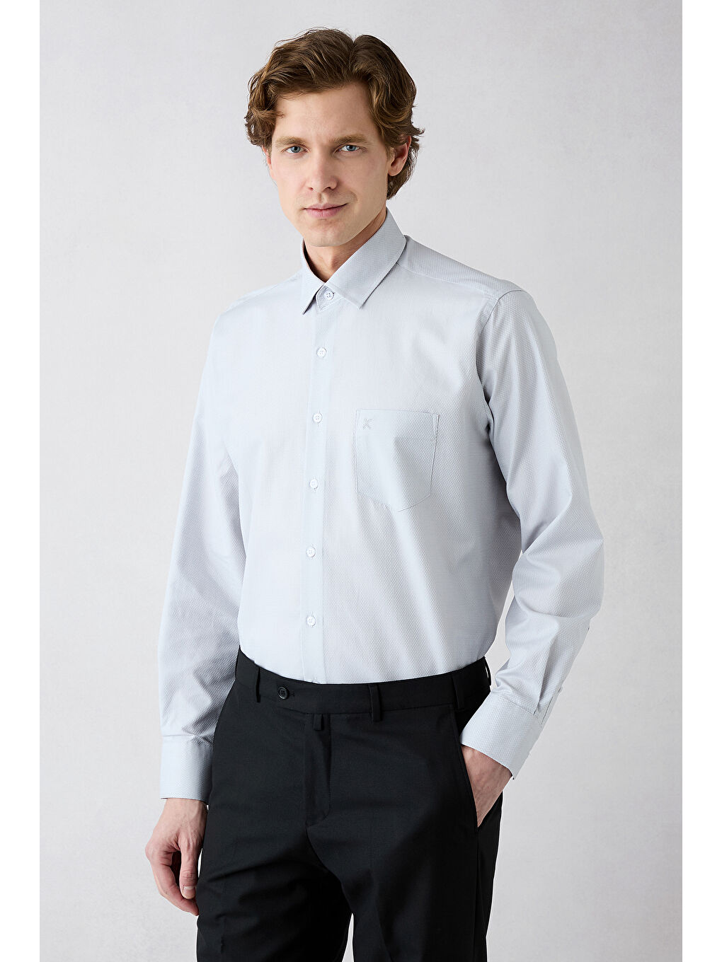 Gri Uzun Kol Regular Fit Klasik Yaka Cepli Desenli Pamuk Gömlek-2