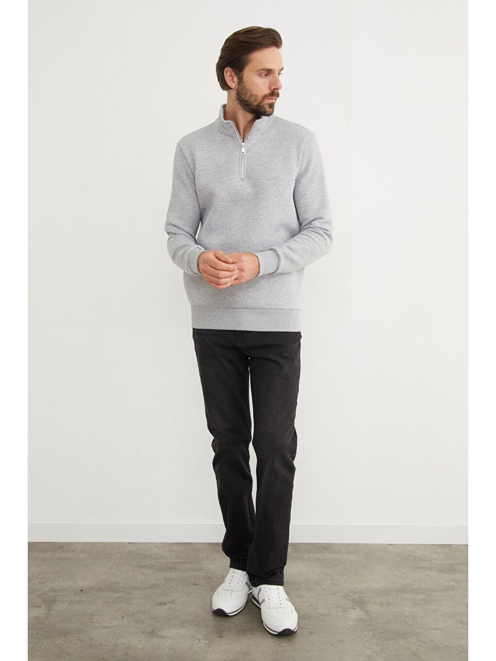 Gri 3 İplik Basic Dik Yaka Yarım Fermuarlı Sweatshirt-2