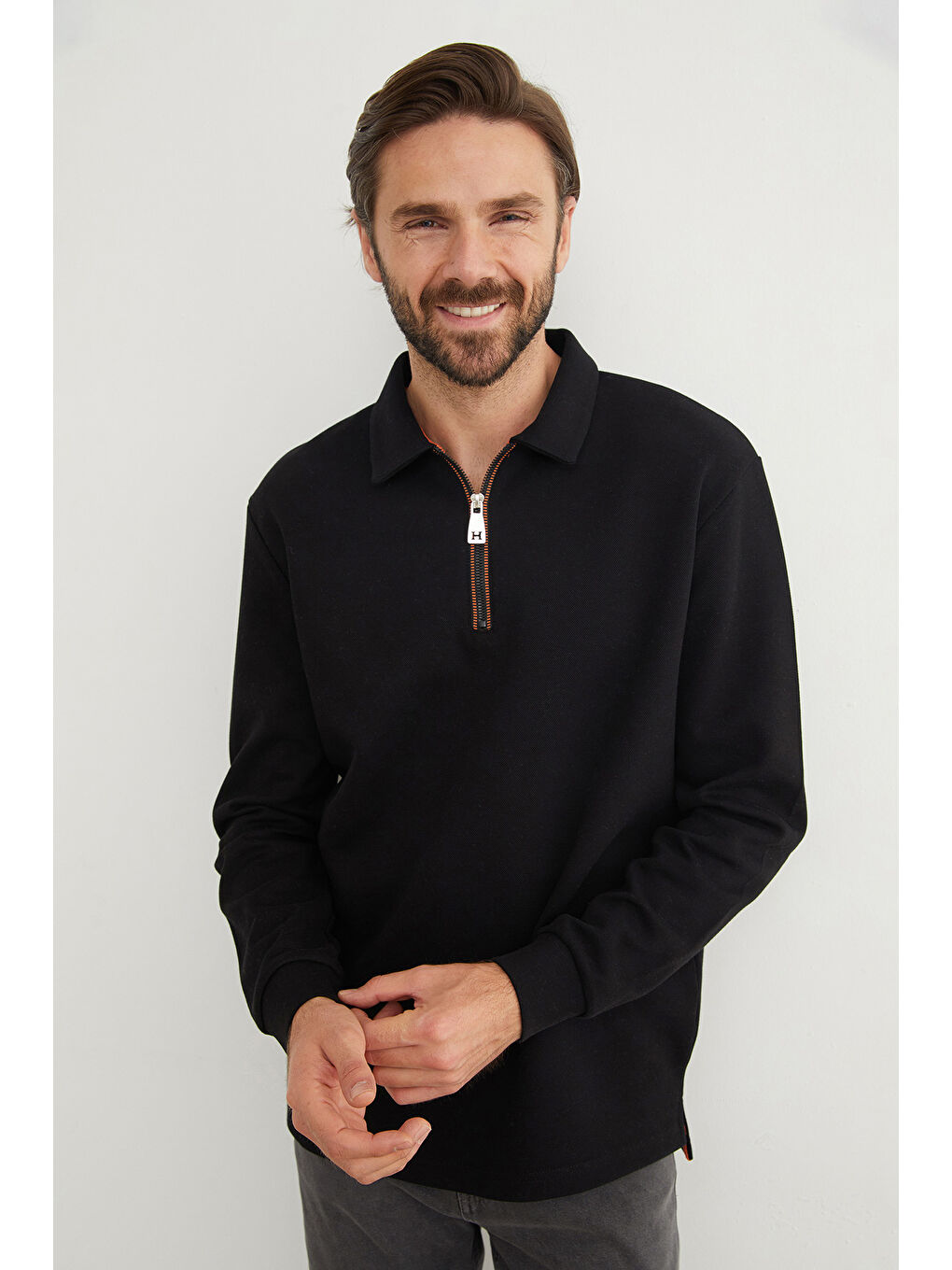 Siyah Basic Polo Yaka Yarım Fermuarlı Pike Büyük Beden Sweatshirt