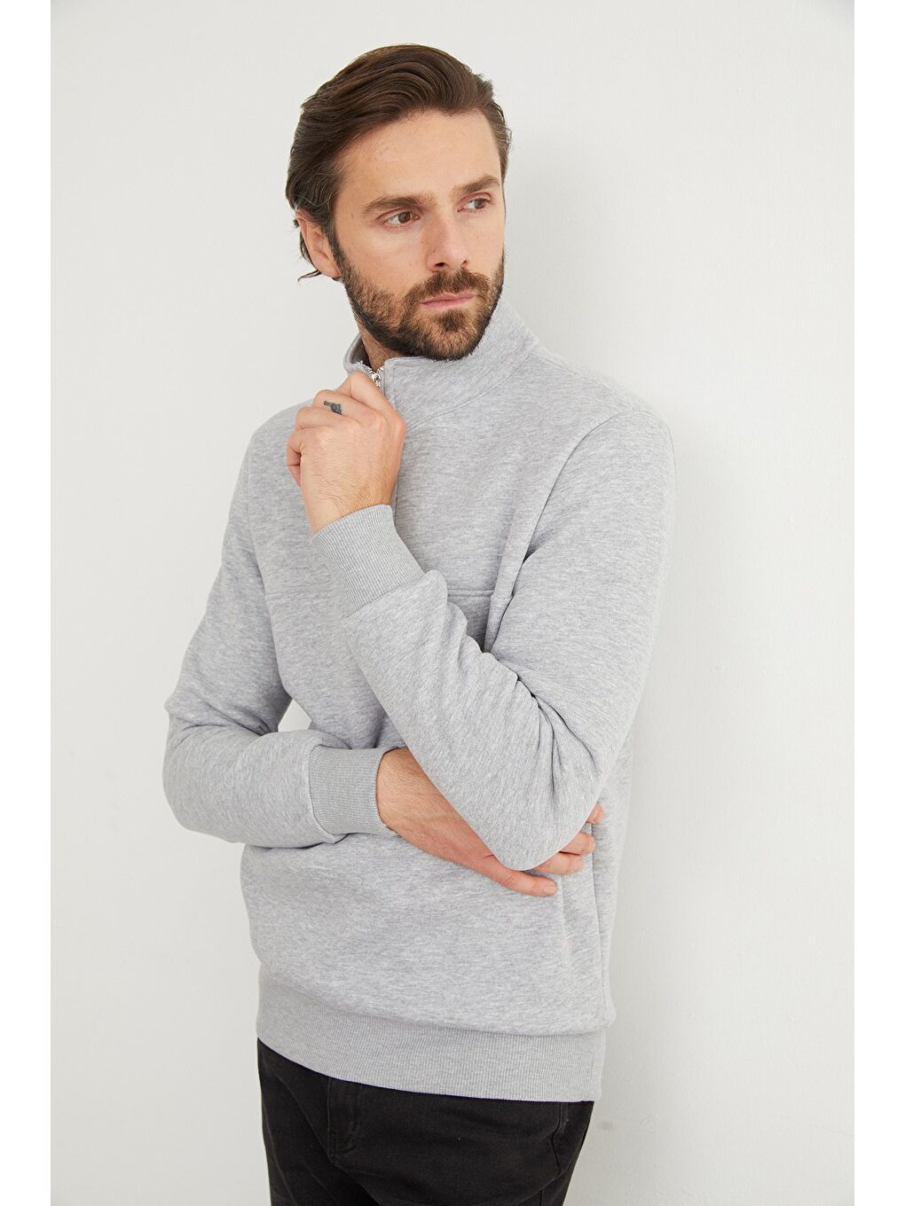 Gri 3 İplik Basic Dik Yaka Yarım Fermuarlı Sweatshirt-3