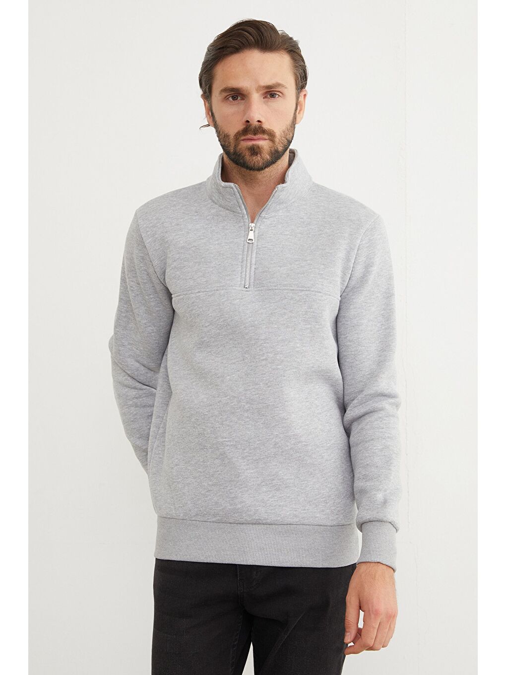 Gri 3 İplik Basic Dik Yaka Yarım Fermuarlı Sweatshirt-4