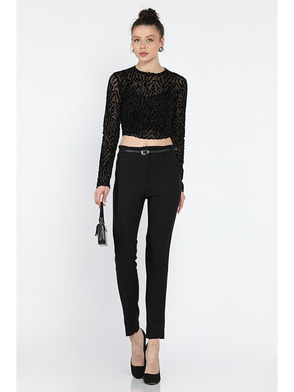 Siyah İnce Kemerli Kadın Pantolon-1