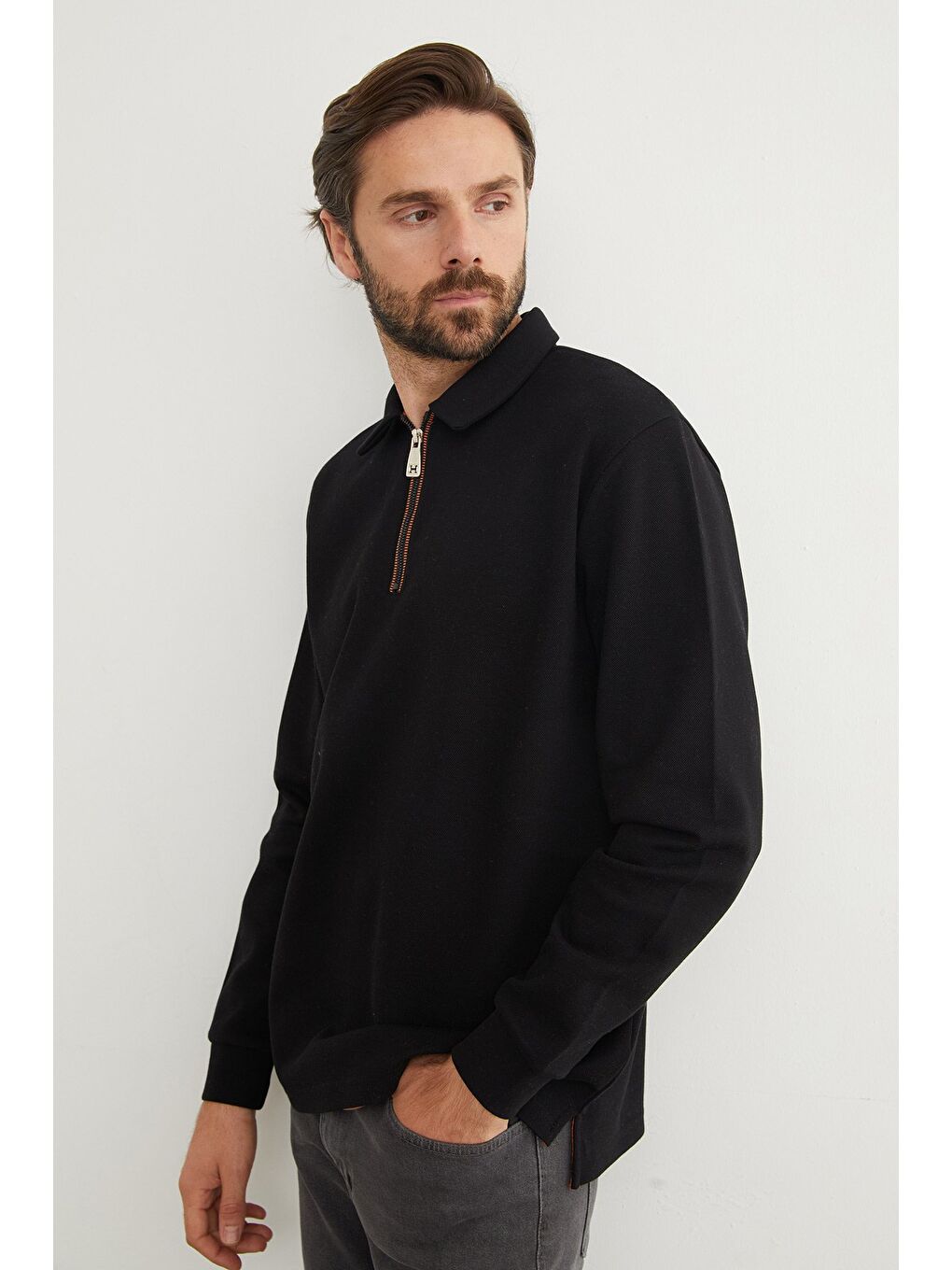 Siyah Basic Polo Yaka Yarım Fermuarlı Pike Büyük Beden Sweatshirt-1