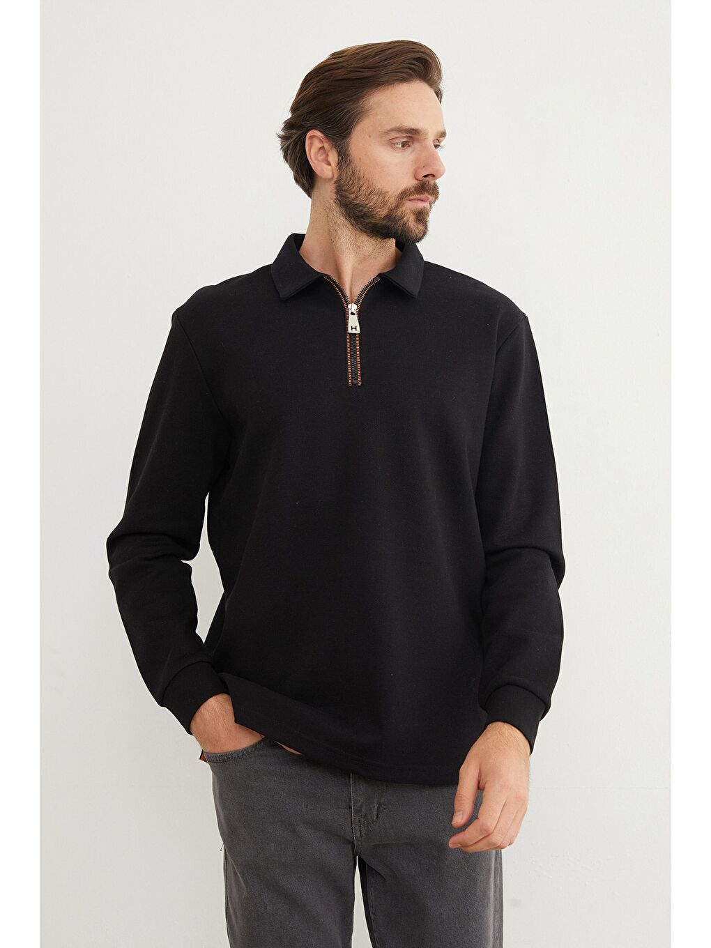 Siyah Basic Polo Yaka Yarım Fermuarlı Pike Büyük Beden Sweatshirt-2