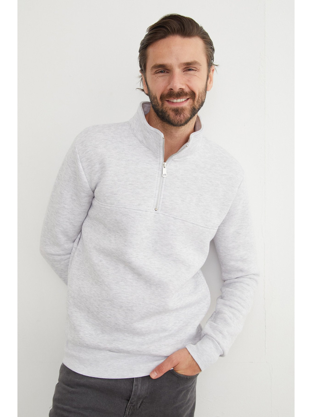 Gri 3 İplik Basic Dik Yaka Yarım Fermuarlı Sweatshirt