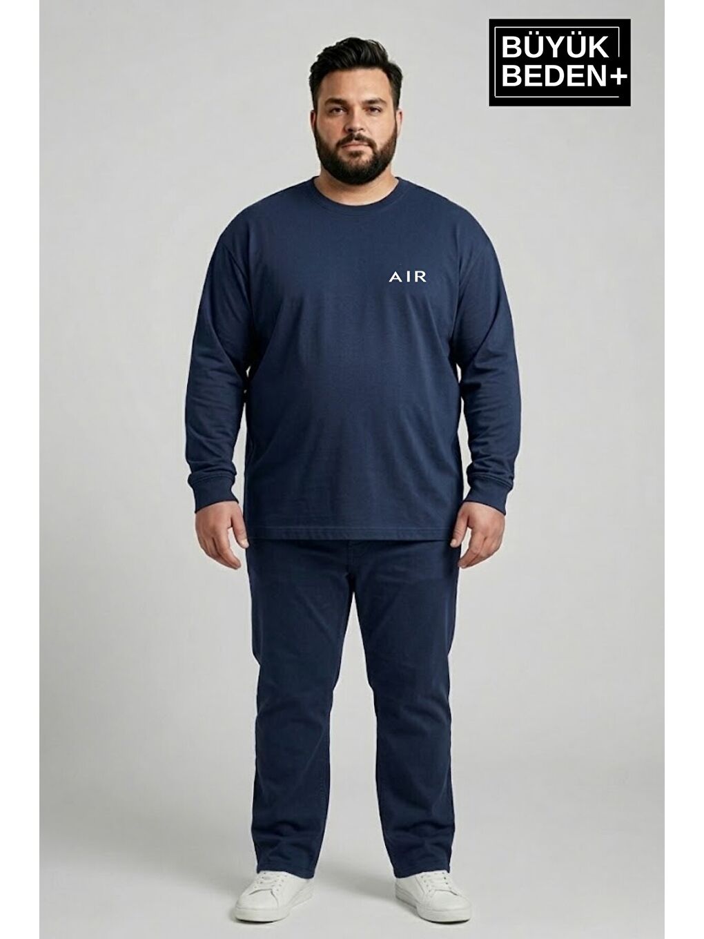 Lacivert Erkek Büyük Beden Air Baskılı 2 İplik Bisiklet Yaka Tişört SPR26BTS942-1