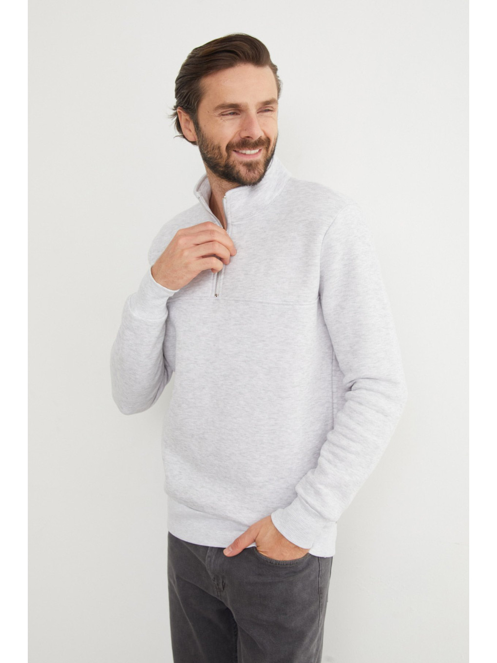 Gri 3 İplik Basic Dik Yaka Yarım Fermuarlı Sweatshirt-1
