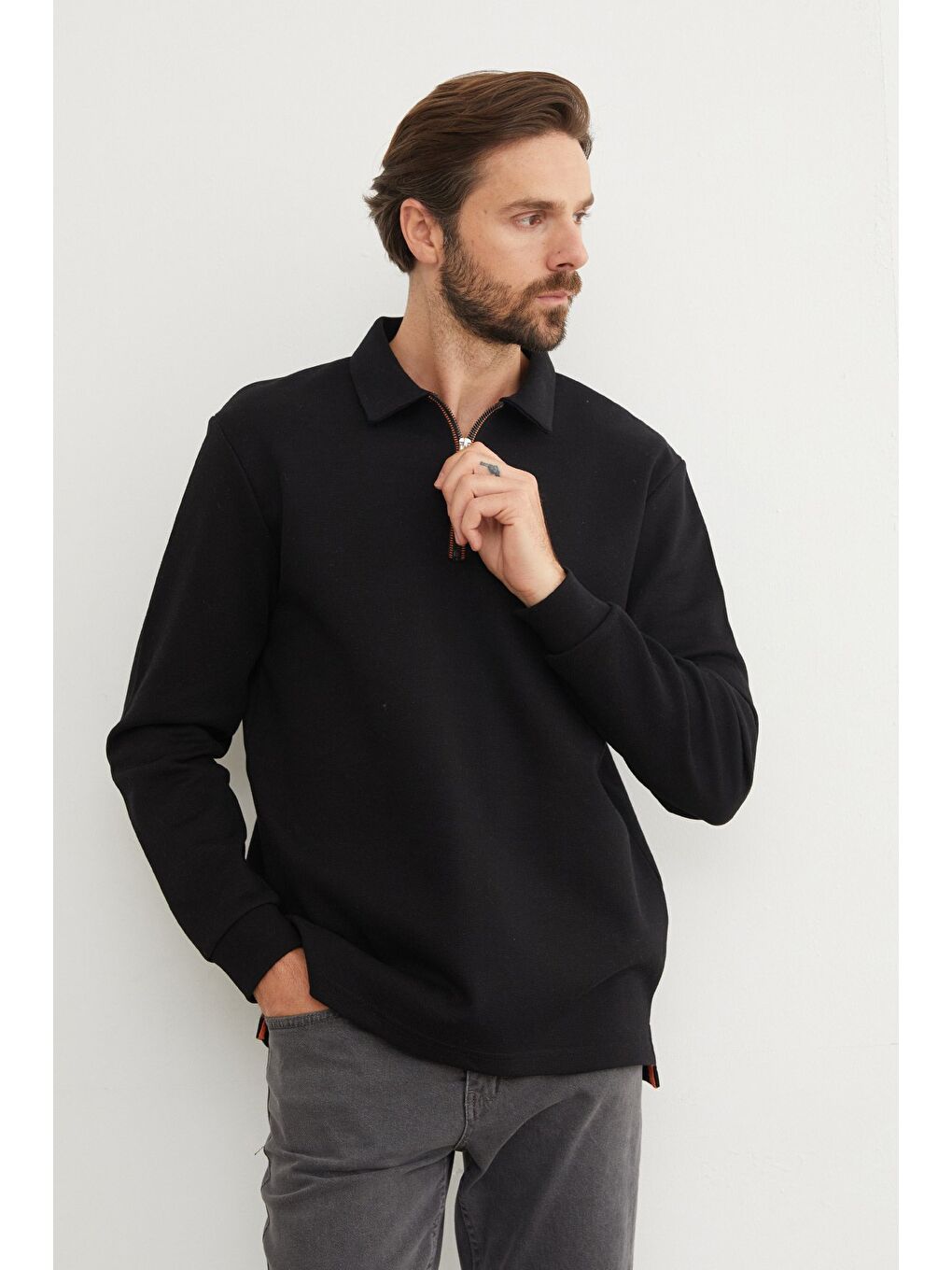 Siyah Basic Polo Yaka Yarım Fermuarlı Pike Büyük Beden Sweatshirt-4