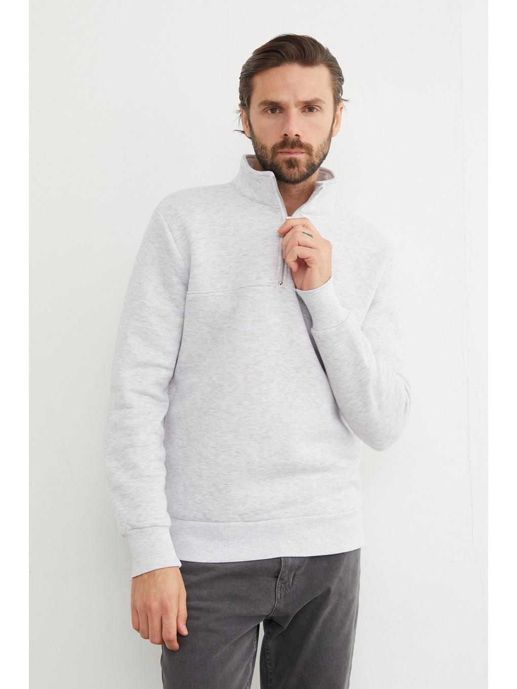 Gri 3 İplik Basic Dik Yaka Yarım Fermuarlı Sweatshirt-2