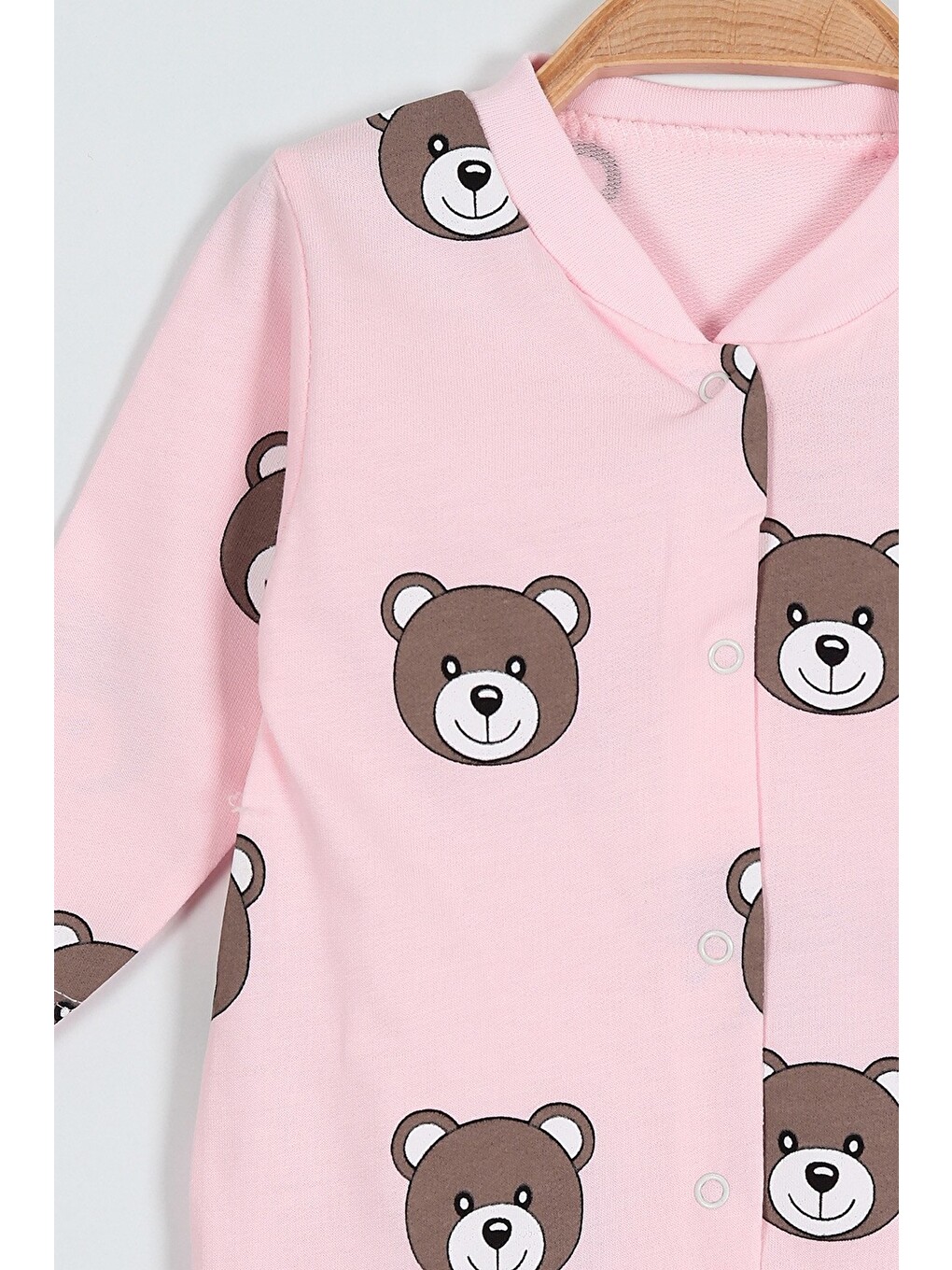 Pembe Unisex Ayıcık Baskılı Manşetli Mevsimlik Tulum ince-2