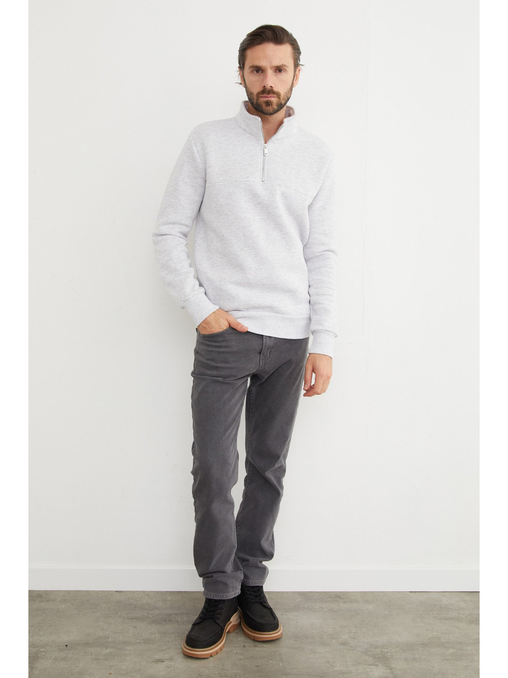 Gri 3 İplik Basic Dik Yaka Yarım Fermuarlı Sweatshirt-3