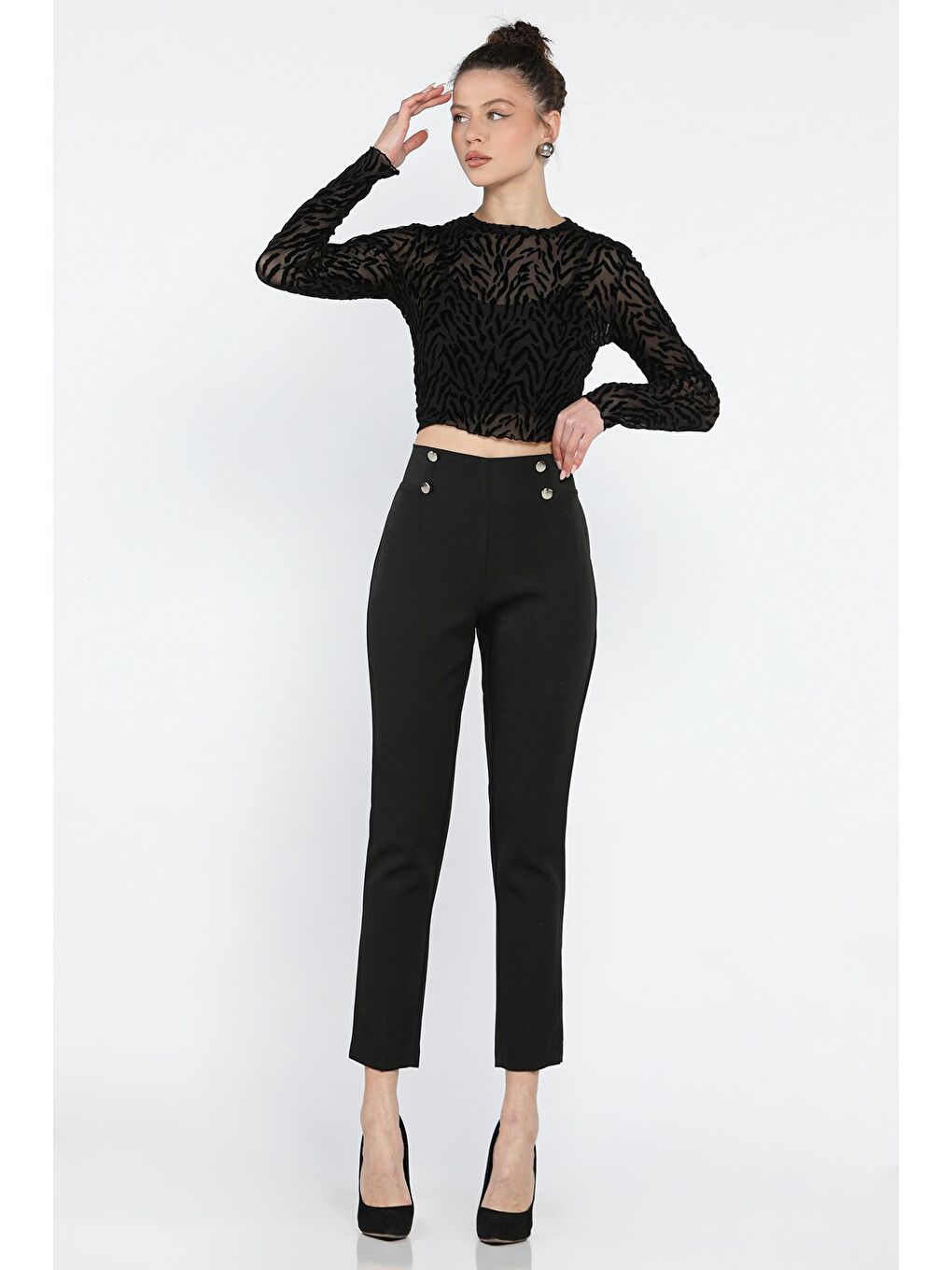 Siyah Bel Lastikli Dar Paça Kadın Kumaş Pantolon-1