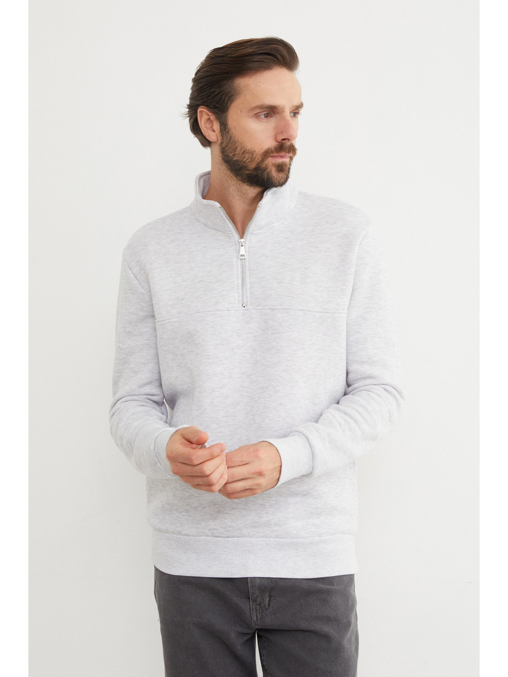 Gri 3 İplik Basic Dik Yaka Yarım Fermuarlı Sweatshirt-4
