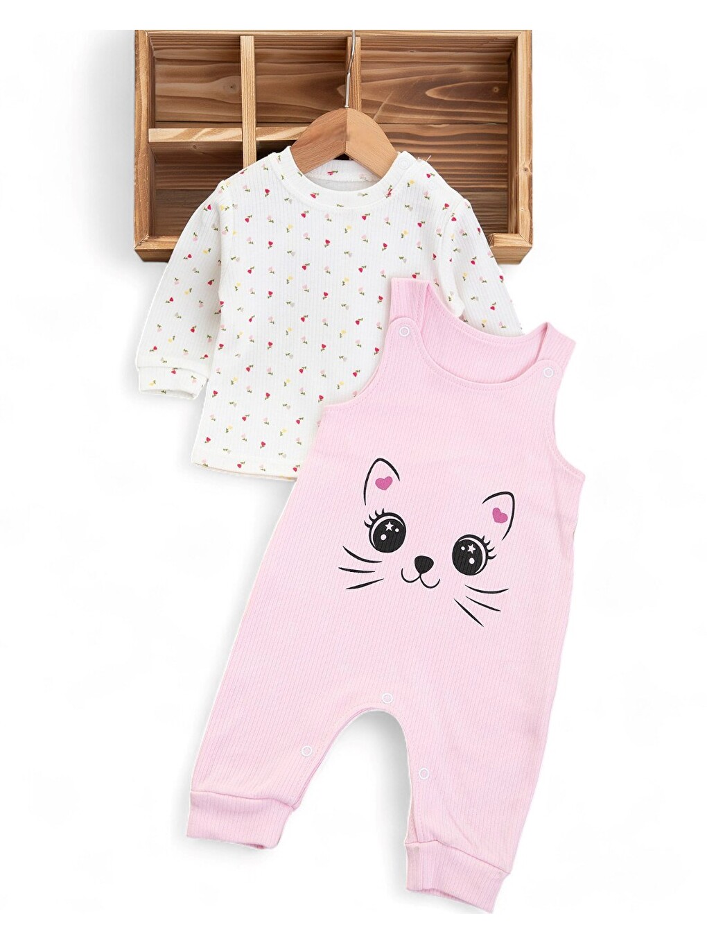 Pembe Kız Bebek Fitilli Kedi Baskılı Tulum-1