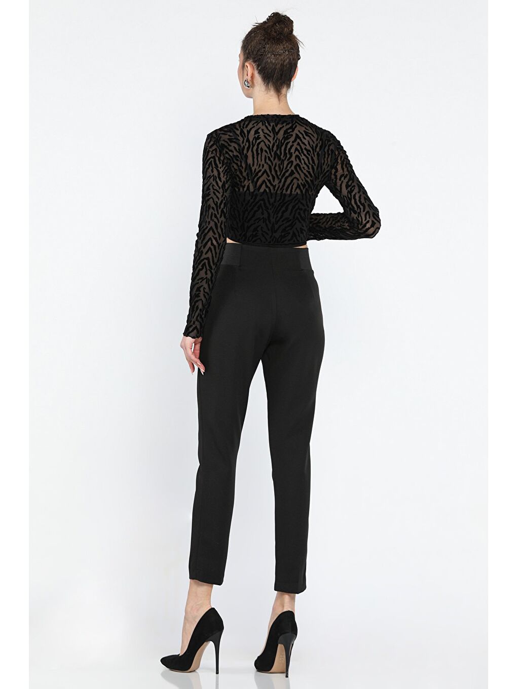 Siyah Bel Lastikli Dar Paça Kadın Kumaş Pantolon-2