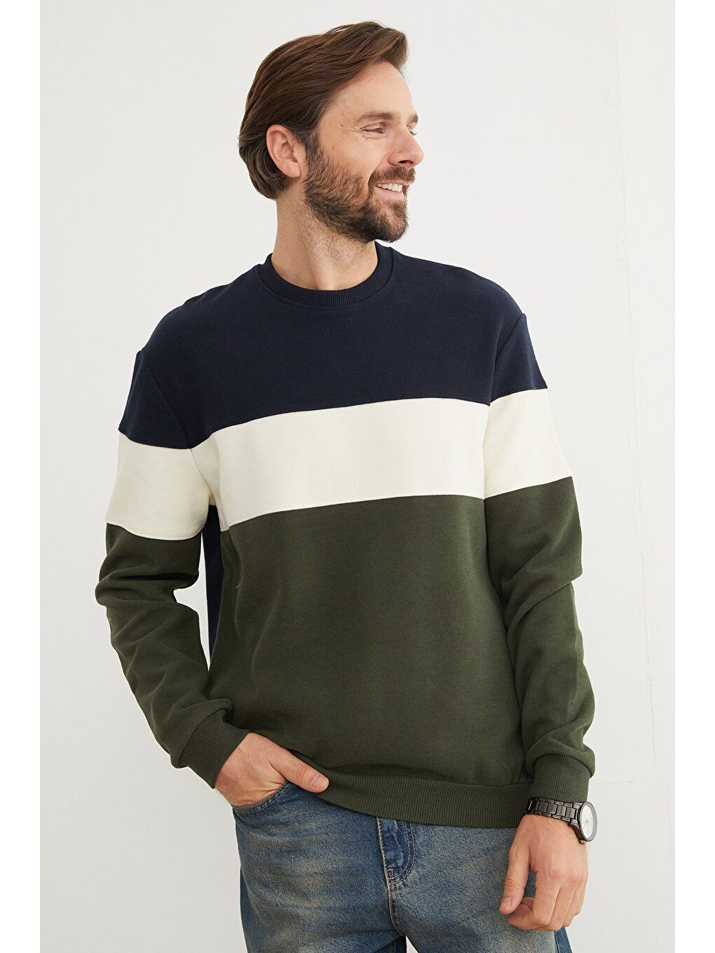 Lacivert Renk Bloklu Fitilli Bisiklet Yaka Sweatshirt-2