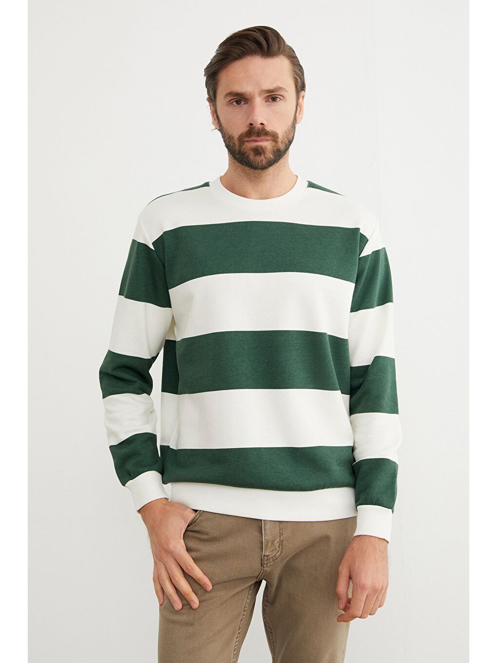 Yeşil Çizgili Bisiklet Yaka Sweatshirt-4