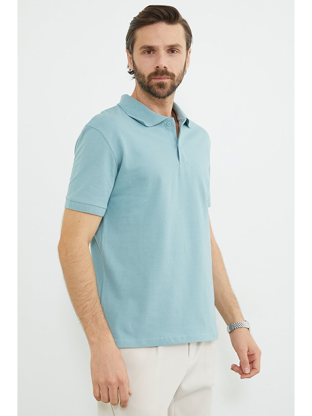 Yeşil Basic Polo Yaka Yarım Düğmeli Tişört