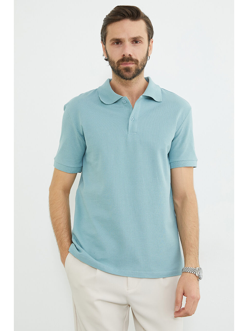 Yeşil Basic Polo Yaka Yarım Düğmeli Tişört-1