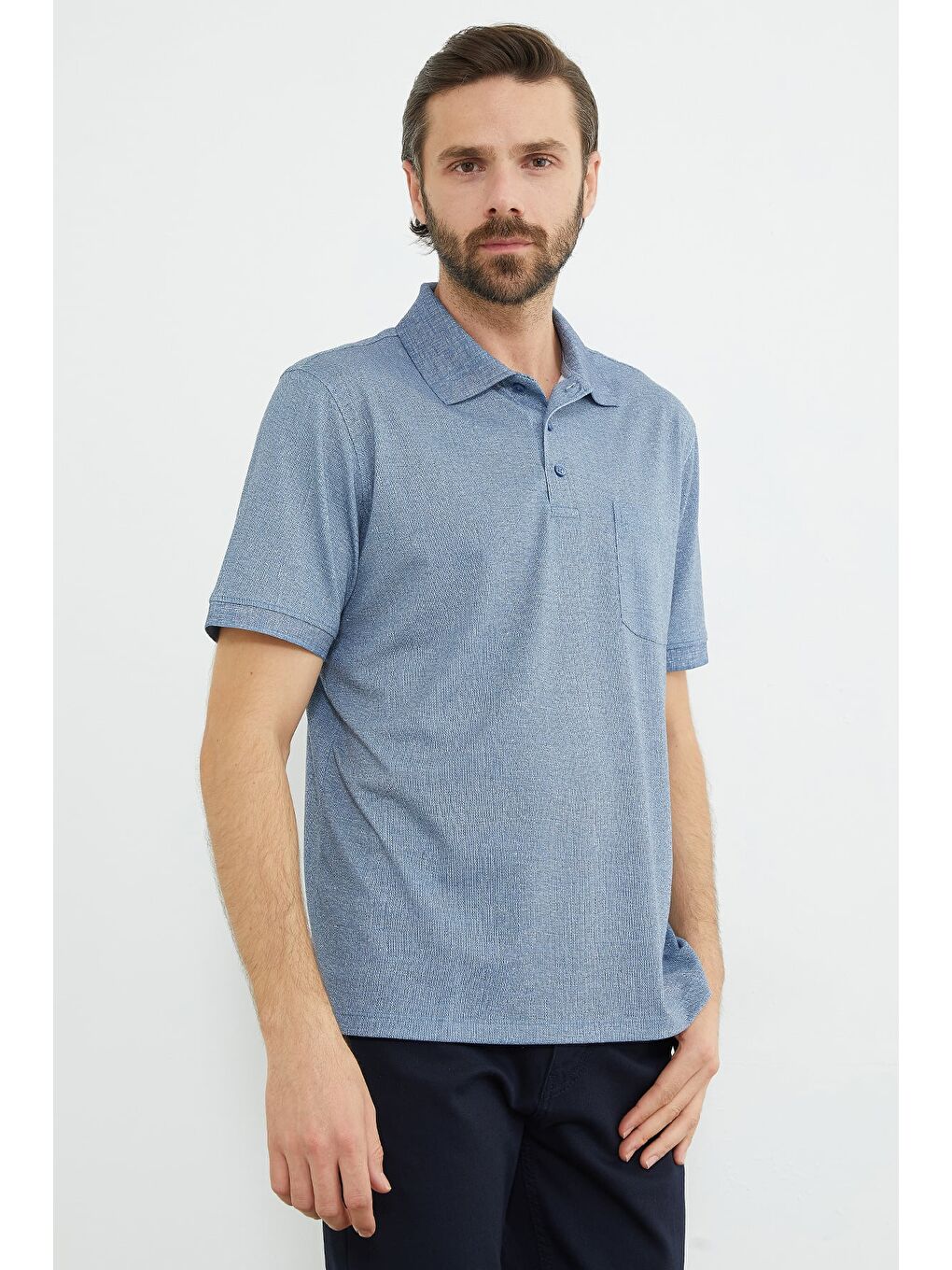 İndigo Desenli Tek Cepli Polo Yaka Tişört-1