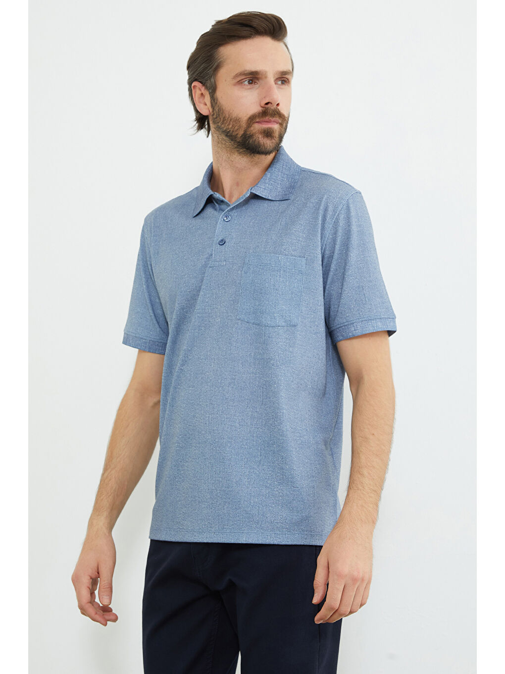 İndigo Desenli Tek Cepli Polo Yaka Tişört-2