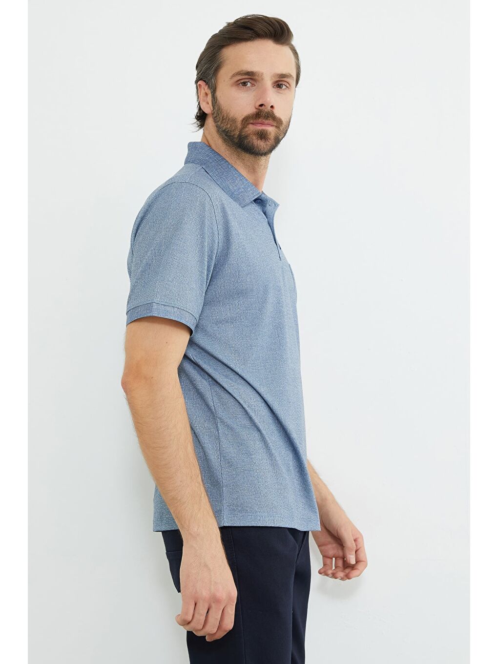 İndigo Desenli Tek Cepli Polo Yaka Tişört-3