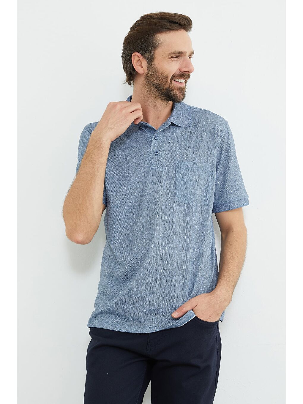 İndigo Desenli Tek Cepli Polo Yaka Tişört-4