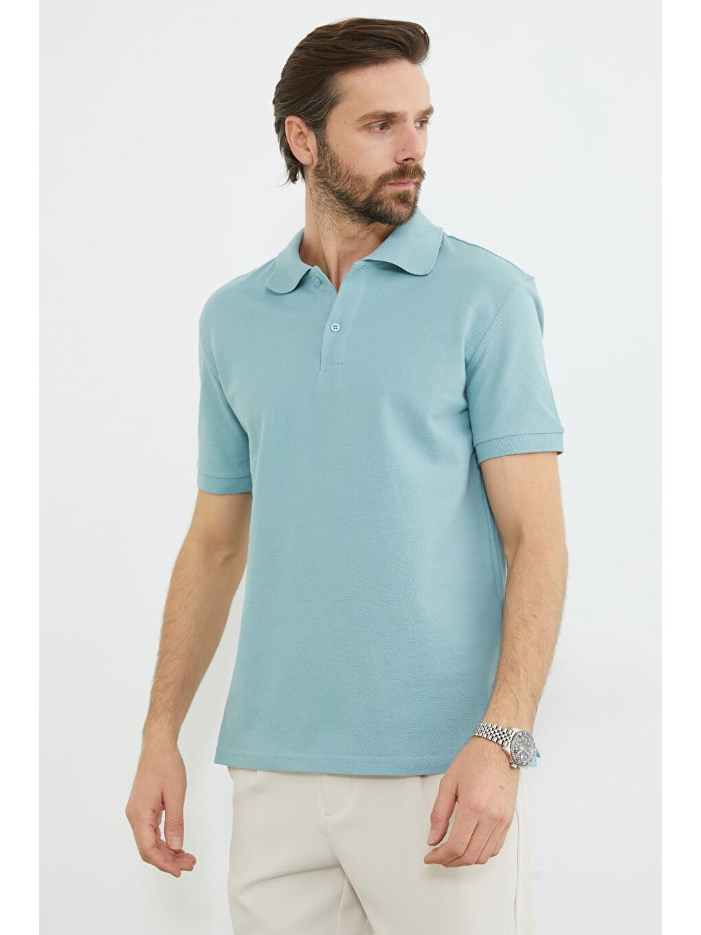 Yeşil Basic Polo Yaka Yarım Düğmeli Tişört-2