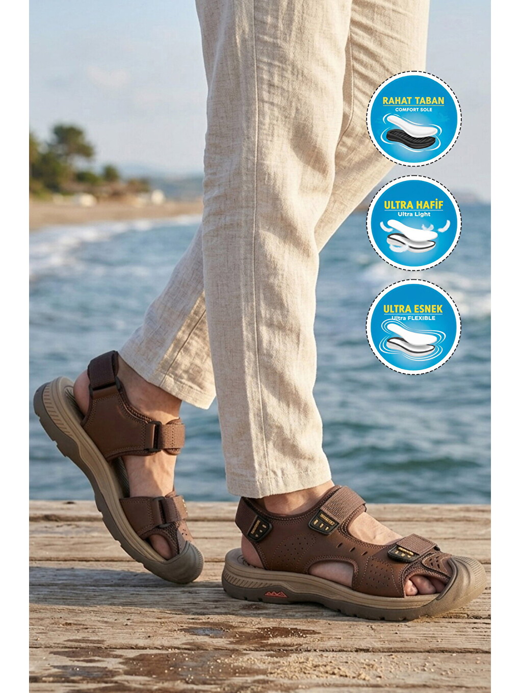 Kahverengi Erkek Outdoor Trekking Sandalet Kapalı Burun Cırtlı Günlük Yürüyüş Kahve E337 M-2